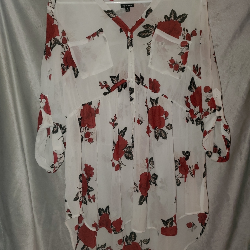 TORRID Sheer white top with red rose pattern